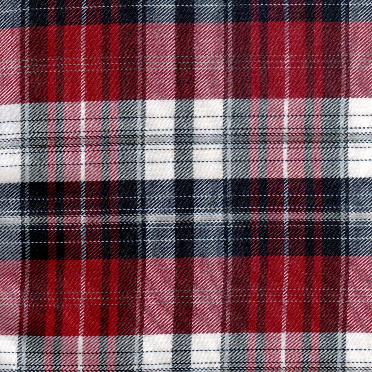 Tela Dacron diagonal SchoolLine en rojo, negro y blanco; tejido tartán para uniformes escolares e institucionales