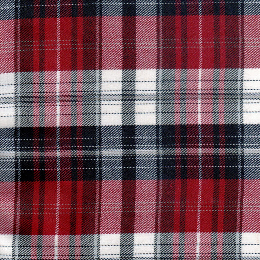 Tela Dacron diagonal SchoolLine en rojo, negro y blanco; tejido tartán para uniformes escolares e institucionales
