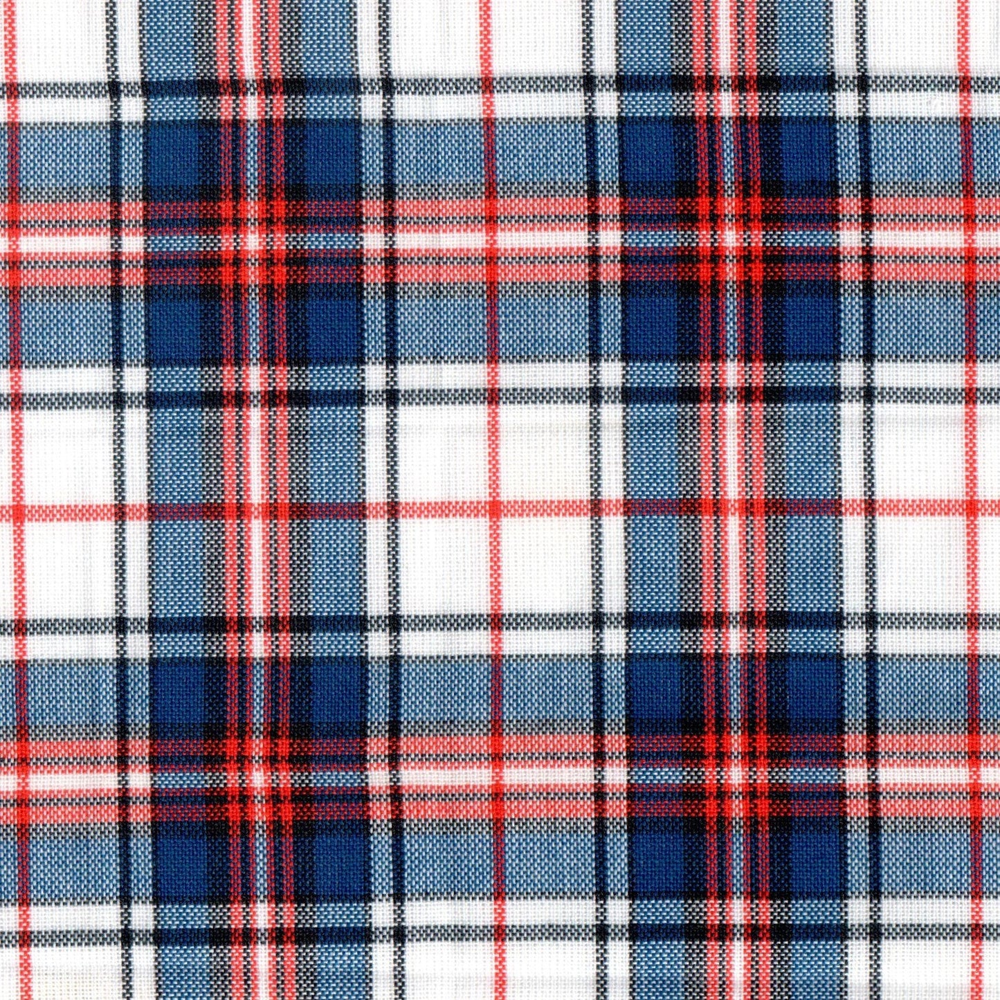 Tela Jacquard tafetán poly para uniformes escolares e institucionales con patrón de cuadros azul, rojo y blanco.