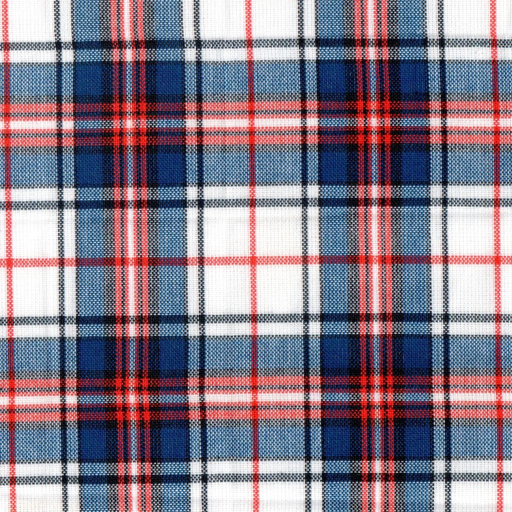 Tela Jacquard tafetán poly para uniformes escolares e institucionales con patrón de cuadros azul, rojo y blanco.