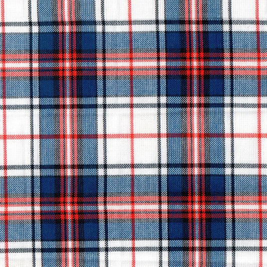 Tela Jacquard tafetán poly para uniformes escolares e institucionales con patrón de cuadros azul, rojo y blanco.