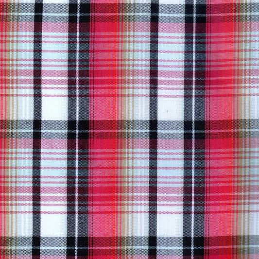 Tela Jacquard tafetán tartán rojo, rosa y beige con cuadros negros; ideal para uniformes escolares e institucionales SchoolLine.