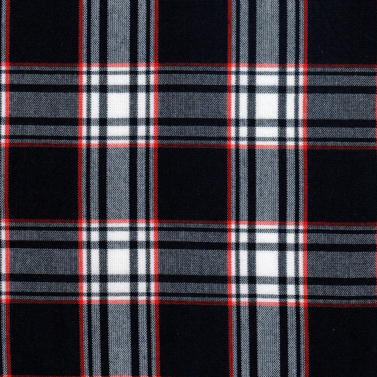 Tela jacquard SchoolLine tafetán en cuadro negro, blanco, gris y rojo; ideal para uniformes escolares e institucionales