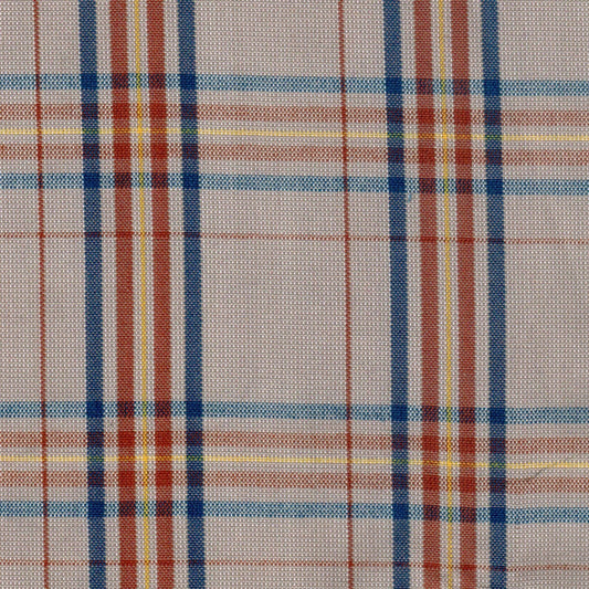 Tela jacquard poly SchoolLine 13033013 en plaid beige con rayas azul, rojo y amarillo; perfecta para uniformes escolares.