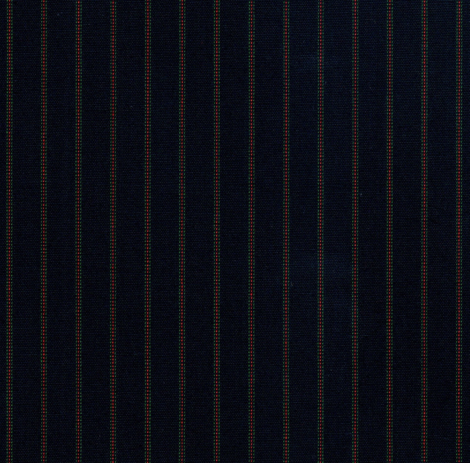 Tela Jacquard SchoolLine, poli kent con rayas verticales rojas y verdes sobre fondo azul oscuro, ideal para uniformes escolares.