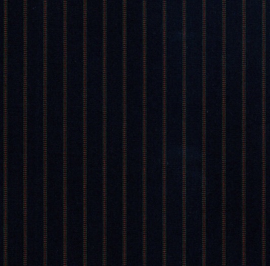 Tela Jacquard SchoolLine, poli kent con rayas verticales rojas y verdes sobre fondo azul oscuro, ideal para uniformes escolares.
