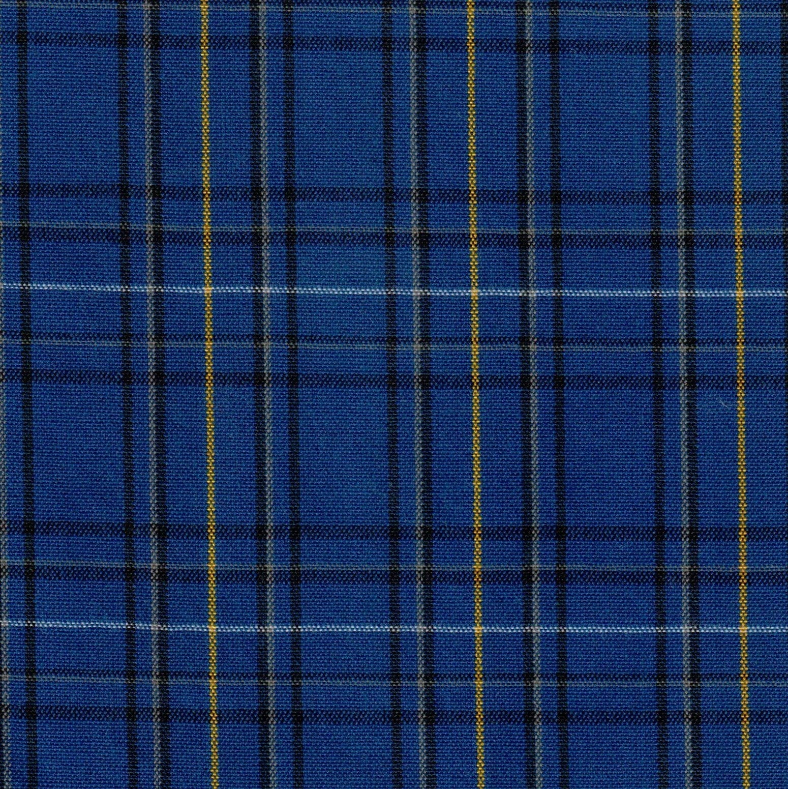 Tela jacquard tafetán azul con rayas negras y franja amarilla; ideal para uniformes escolares e institucionales, SchoolLine.