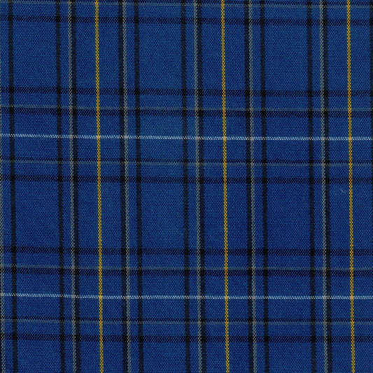 Tela jacquard tafetán azul con rayas negras y franja amarilla; ideal para uniformes escolares e institucionales, SchoolLine.