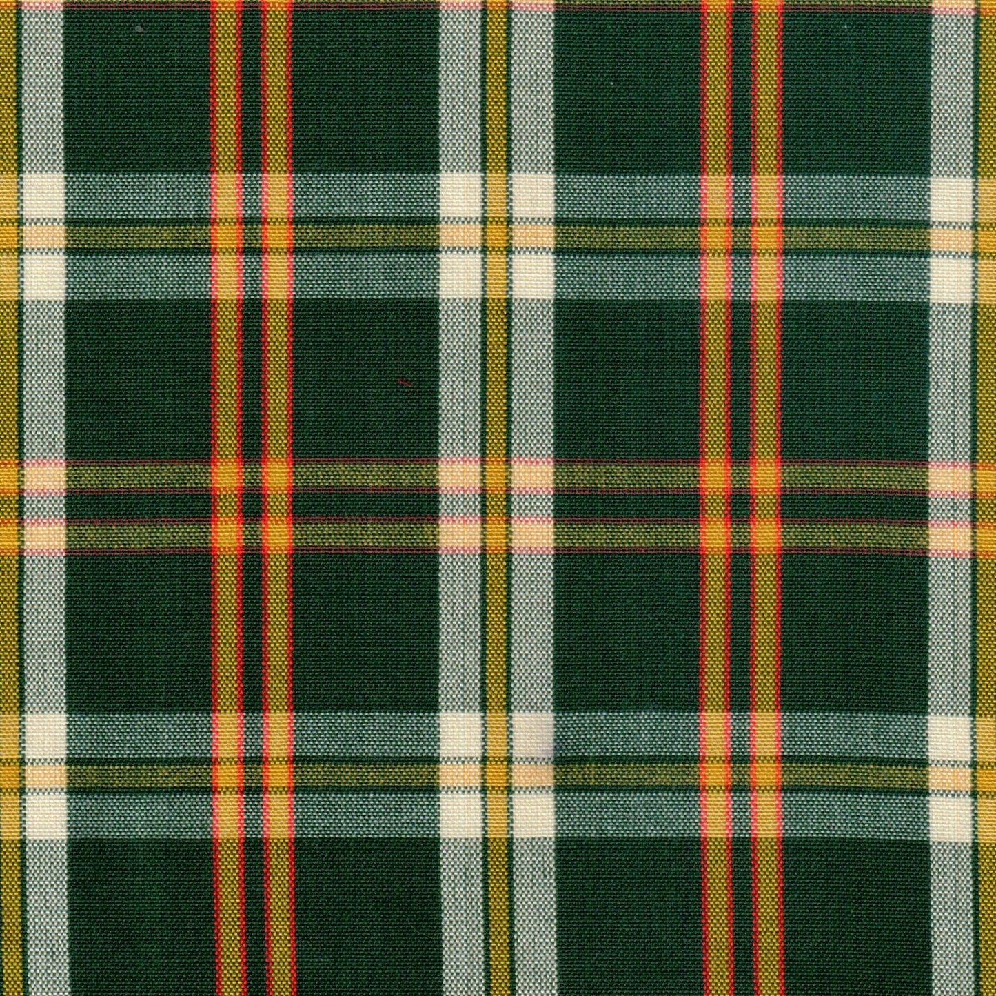 Tela jacquard tafetán verde oscuro con rayas blancas, amarillas y rojas; ideal para uniformes escolares e institucionales SchoolLine