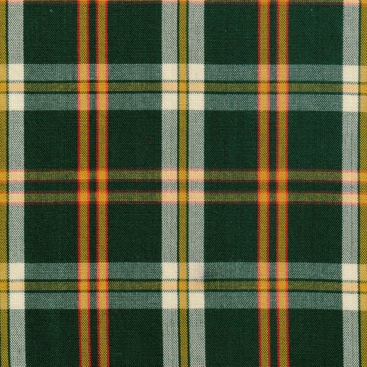 Tela jacquard tafetán verde oscuro con rayas blancas, amarillas y rojas; ideal para uniformes escolares e institucionales SchoolLine