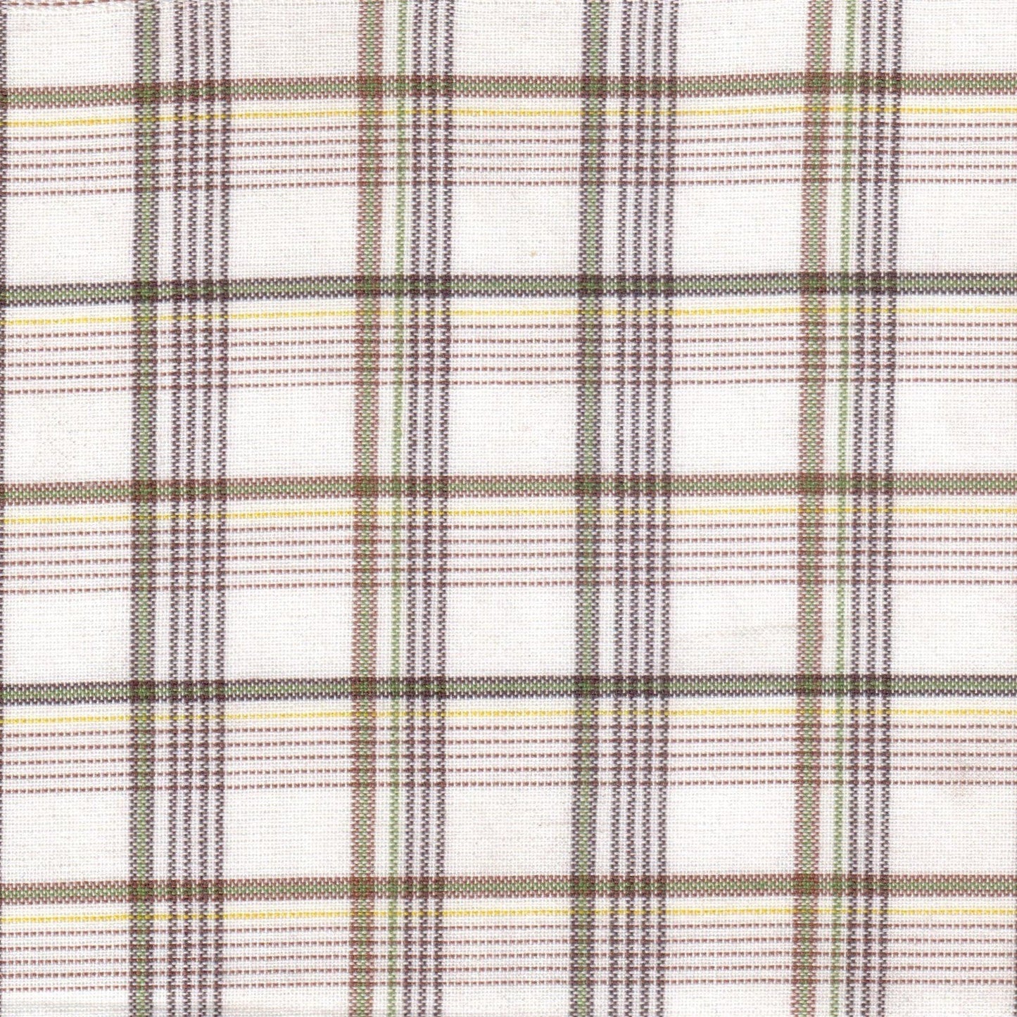 Tela jacquard tafetán SchoolLine, tejido a cuadros verde, marrón y amarillo sobre fondo blanco, ideal para uniformes escolares.