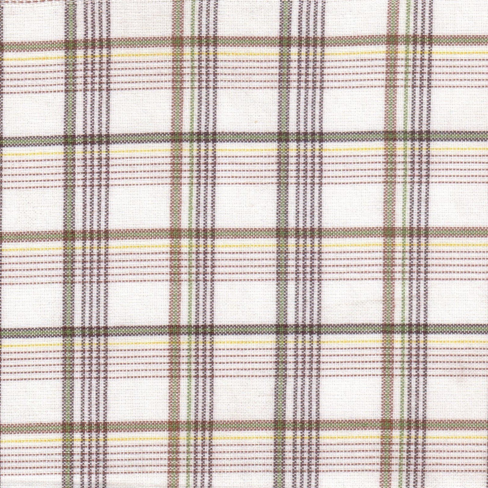 Tela jacquard tafetán SchoolLine, tejido a cuadros verde, marrón y amarillo sobre fondo blanco, ideal para uniformes escolares.