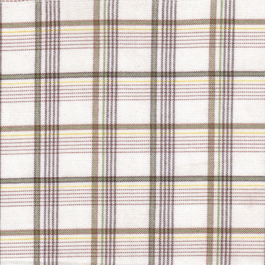 Tela jacquard tafetán SchoolLine, tejido a cuadros verde, marrón y amarillo sobre fondo blanco, ideal para uniformes escolares.