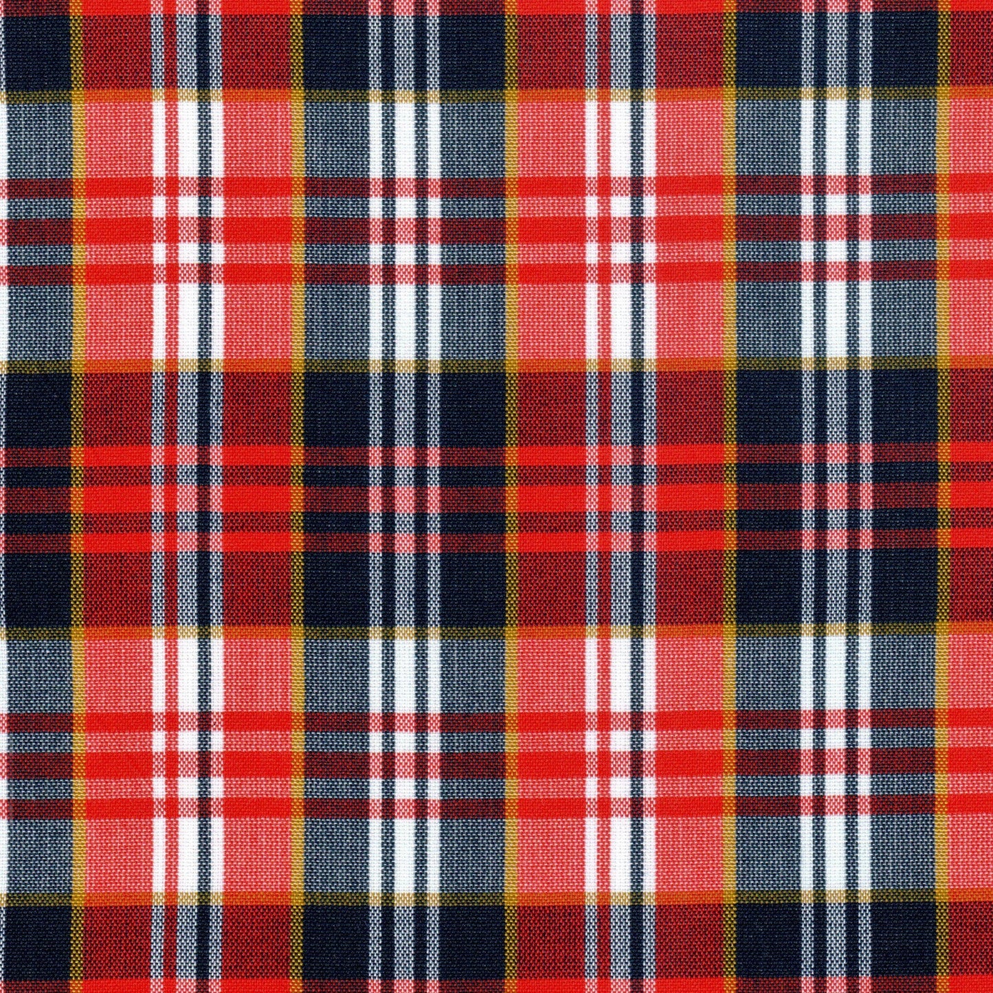 Tela Jacquard tafetán poly SchoolLine en diseño tartán rojo-azul con líneas blancas y amarillo, ideal para uniformes escolares.