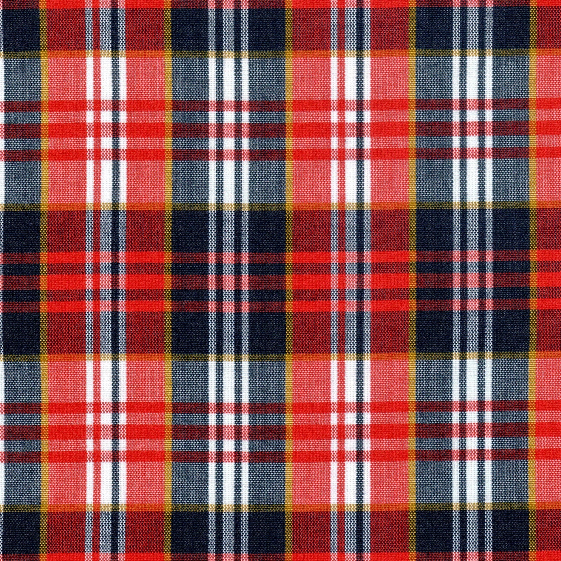 Tela Jacquard tafetán poly SchoolLine en diseño tartán rojo-azul con líneas blancas y amarillo, ideal para uniformes escolares.