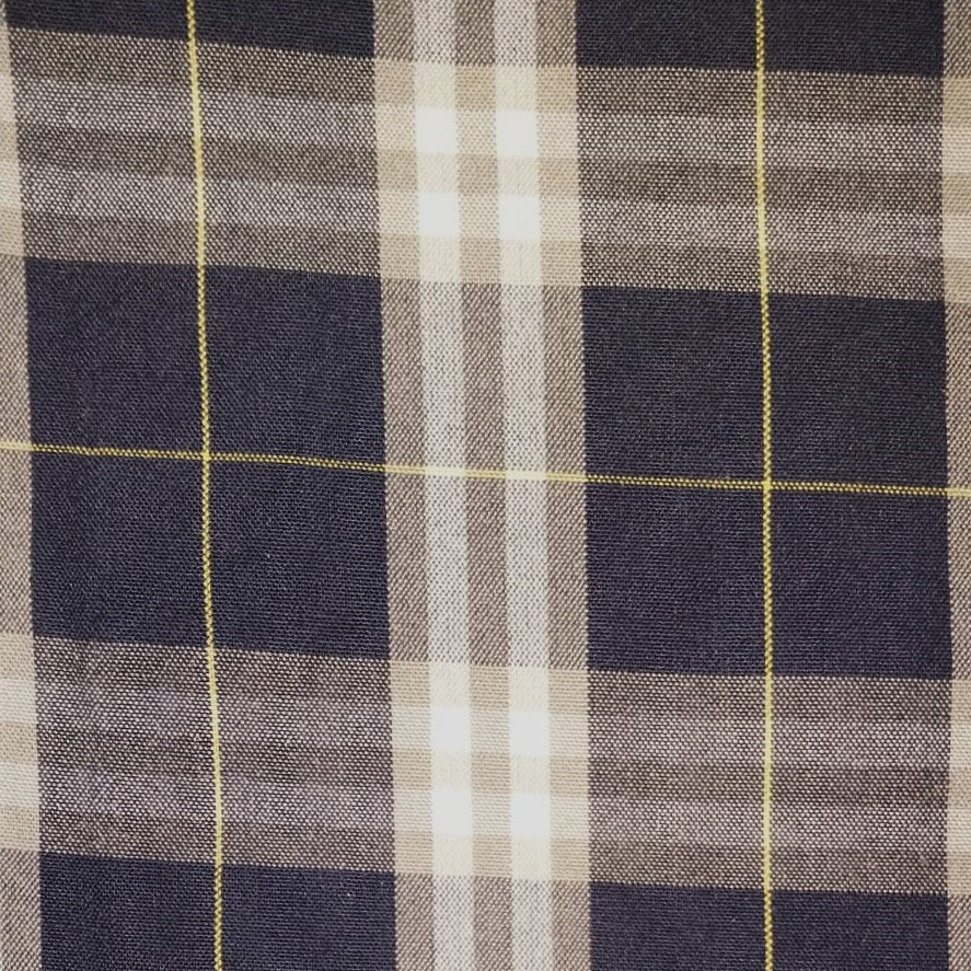 Tela jacquard SchoolLine para uniformes, poliéster, patrón a cuadros azul marino y beige con líneas amarillas