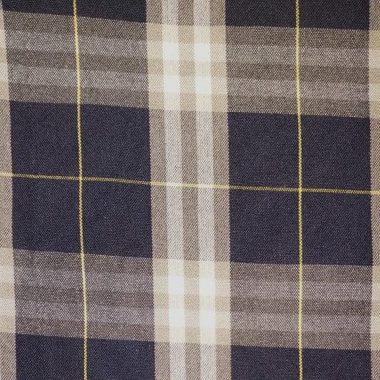 Tela jacquard SchoolLine para uniformes, poliéster, patrón a cuadros azul marino y beige con líneas amarillas