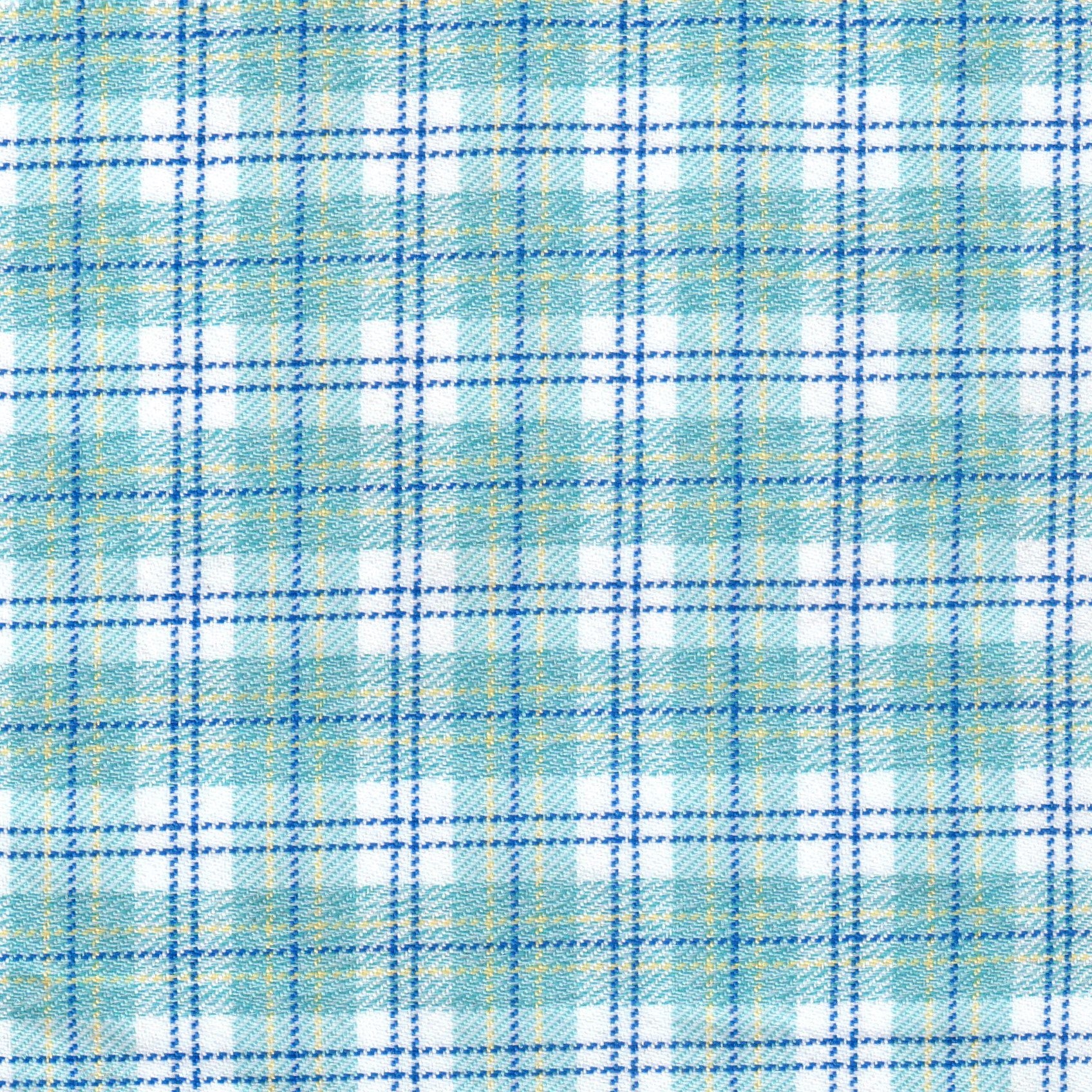 Tela moline escoces azul cielo con cuadros blancos y lineas azules y amarillas