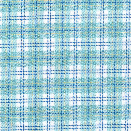 Tela moline escoces azul cielo con cuadros blancos y lineas azules y amarillas