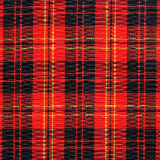 Tela a cuadros en color rojo con cuadros negros y lineas amarillas ideal para uniformes escolares