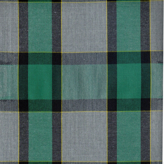 Tela de uniforme a cuadros en color verde y gris con franjas negras y lineas amarillas