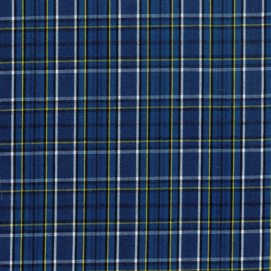 Tela para uniforme en color azul con lineas blancas, negras y amarillas perfecta para uniformes escolares o institucionales