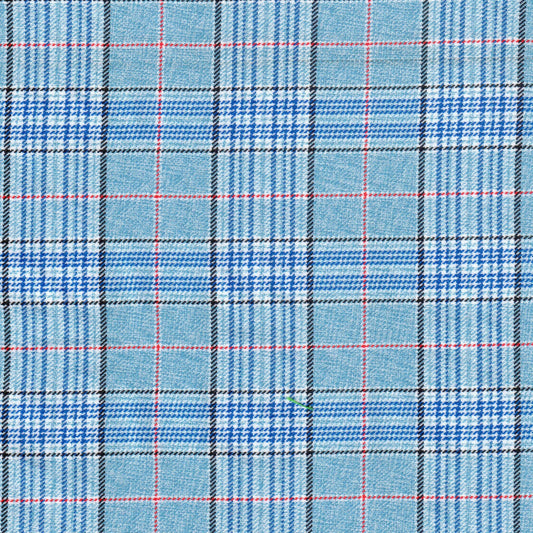 Tela SchoolLine 65007001: tejido cuadriculado azul claro y azul marino con líneas rojas, ideal para uniforms escolares.