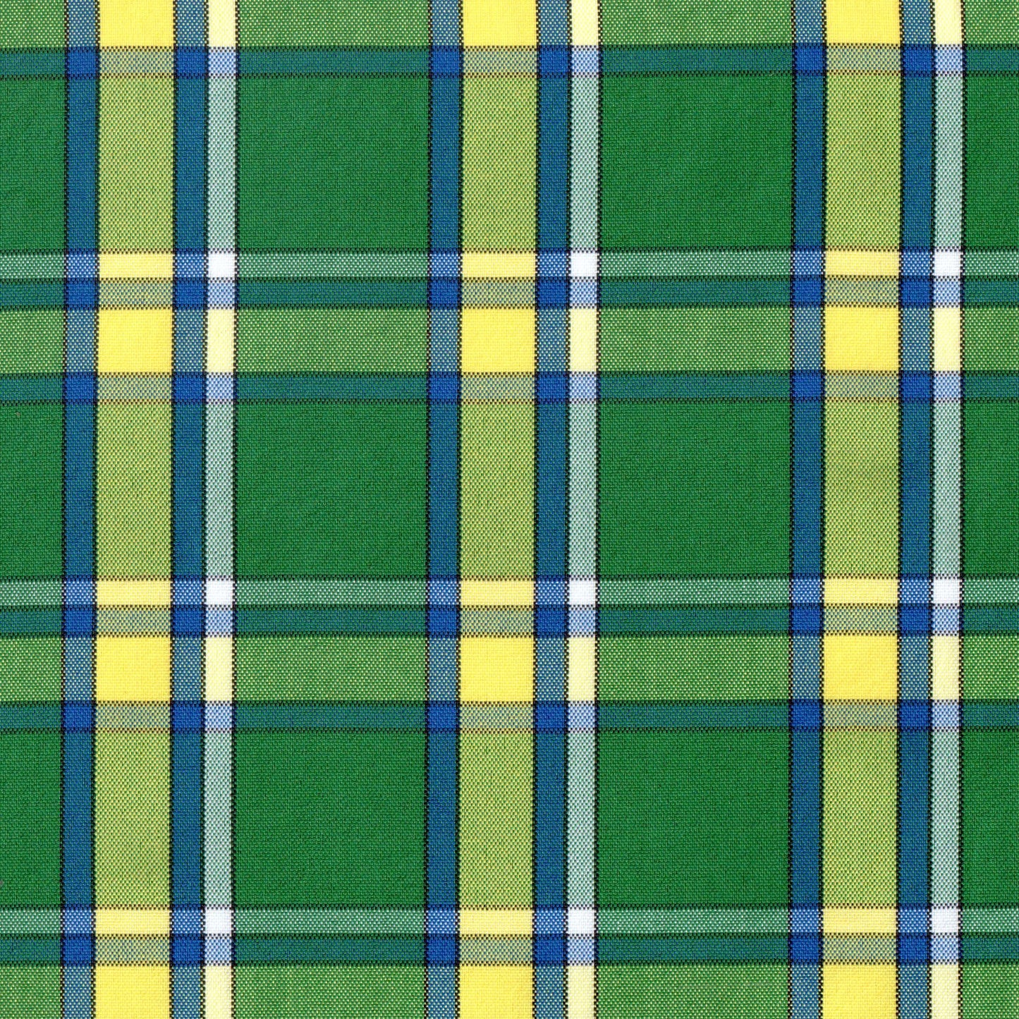 Tela a cuadros en color verde con franjas amarillas, azules y blancas para uniformes escolares o institucionales