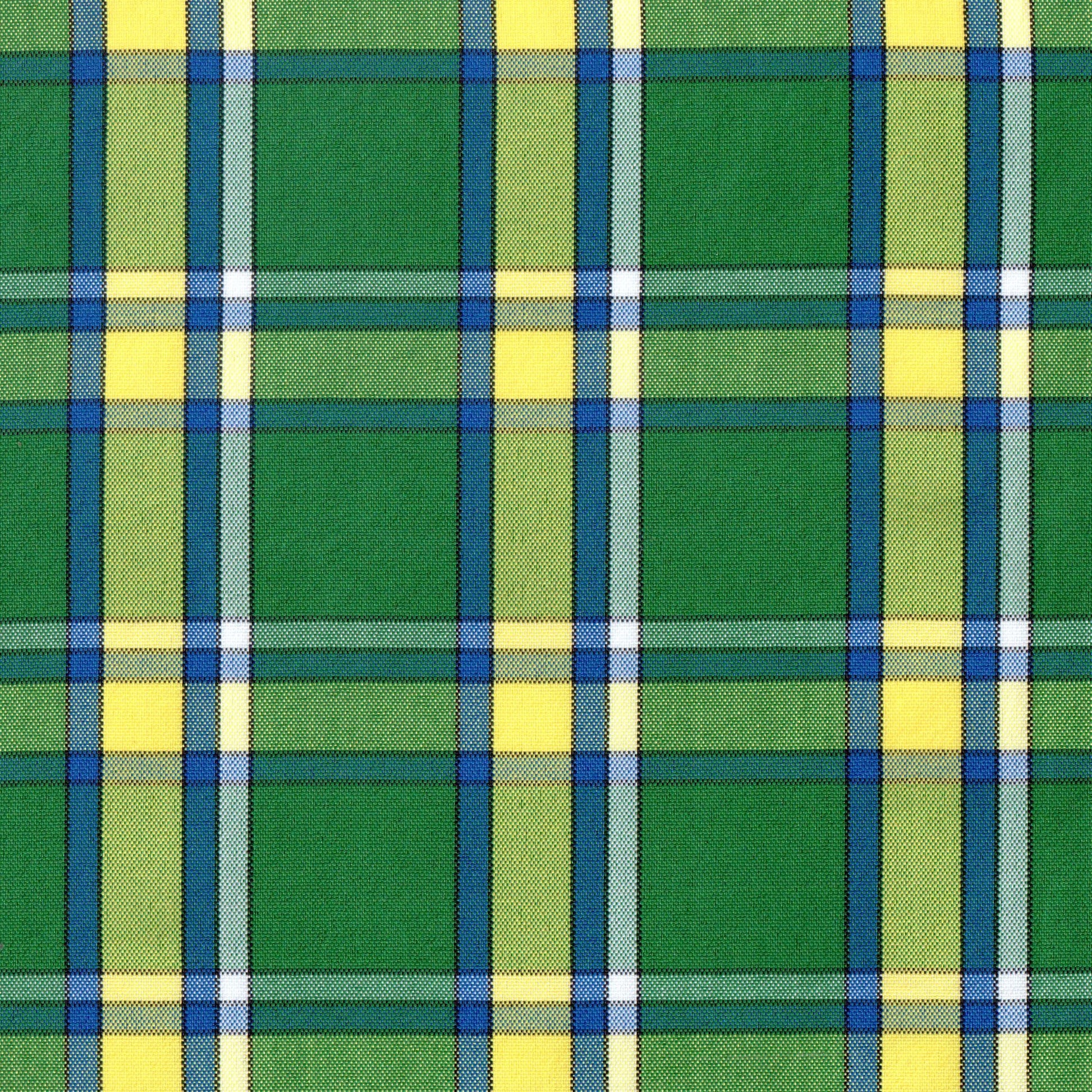 Tela a cuadros en color verde con franjas amarillas, azules y blancas para uniformes escolares o institucionales
