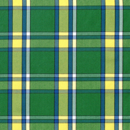 Tela a cuadros en color verde con franjas amarillas, azules y blancas para uniformes escolares o institucionales