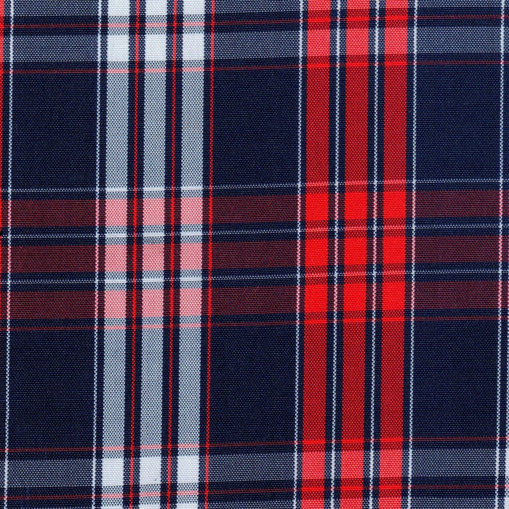 Tela escocesa de poliéster SchoolLine, tartán azul marino, rojo y blanco, ideal para uniformes escolares e institucionales.