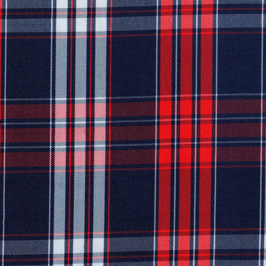 Tela escocesa de poliéster SchoolLine, tartán azul marino, rojo y blanco, ideal para uniformes escolares e institucionales.