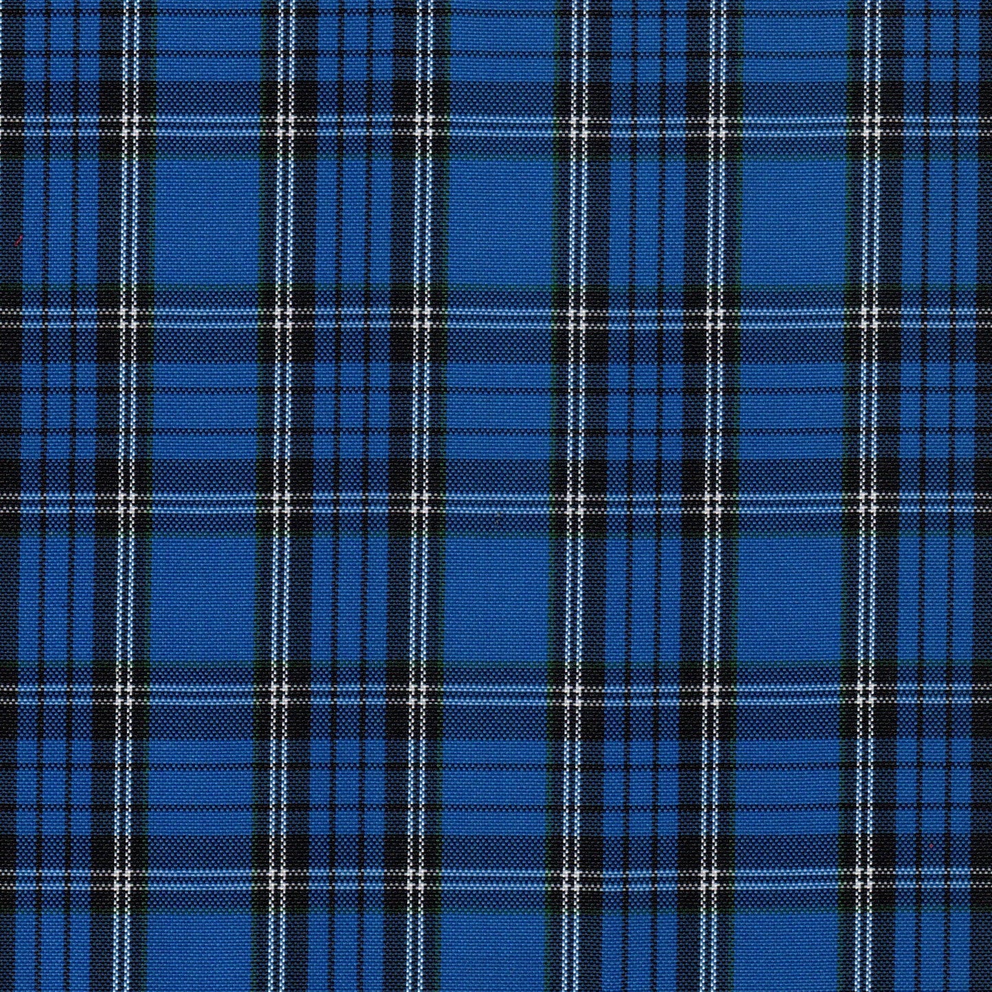 Tela escocesa de poliéster azul y negro con cuadros blancos; ideal para uniformes escolares e institucionales SchoolLine.