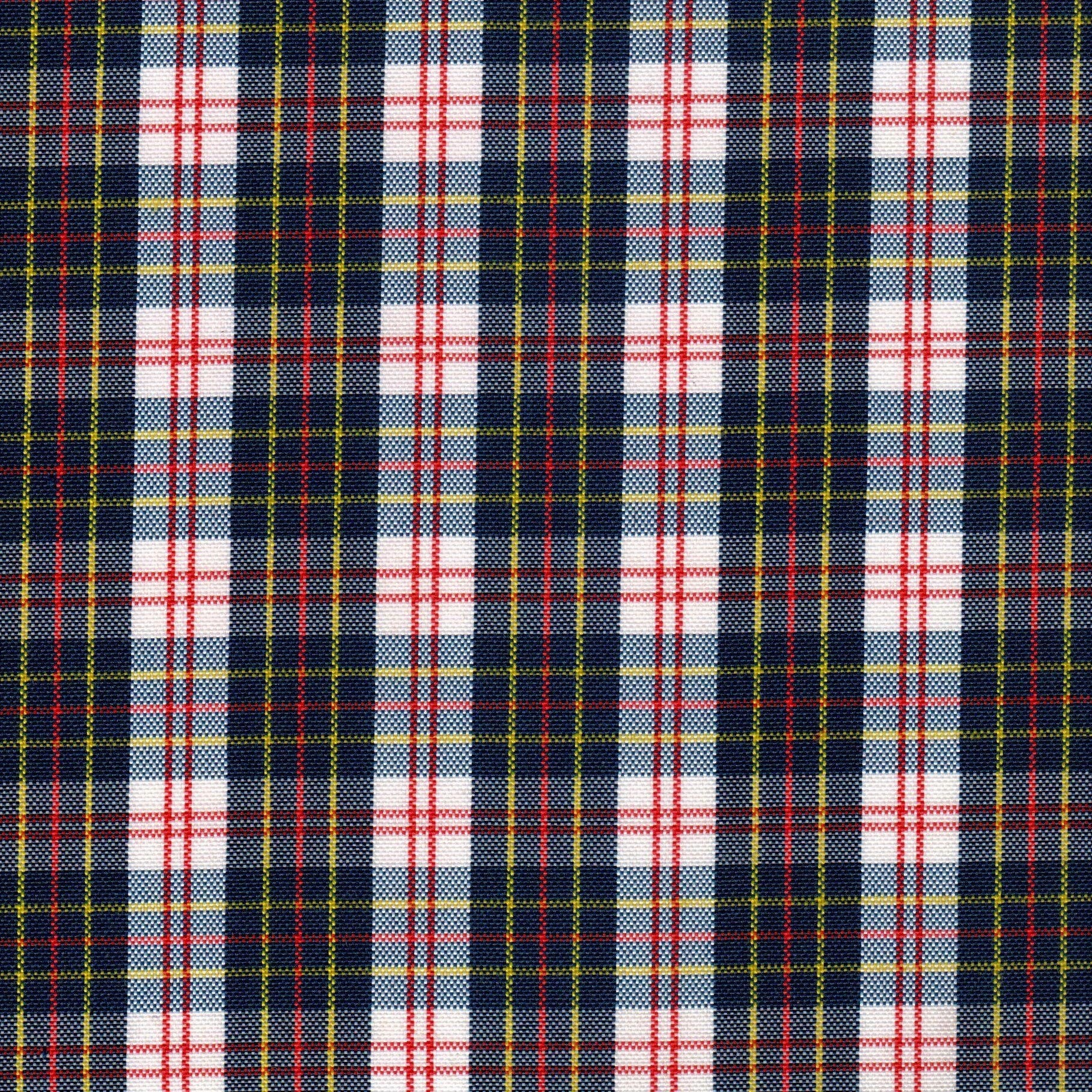 Tela escocesa de poliéster SchoolLine; azul marino, blanco y rojo con líneas, ideal para uniformes escolares e institucionales.