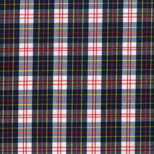 Tela escocesa de poliéster SchoolLine; azul marino, blanco y rojo con líneas, ideal para uniformes escolares e institucionales.