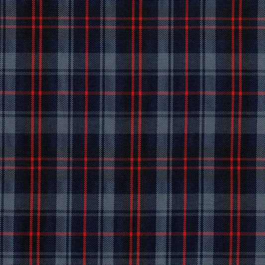 Tela escocesa de poliéster SchoolLine, azul marino con líneas rojas, ideal para uniformes escolares e institucionales.