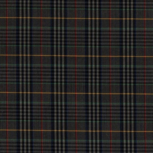 Tela escocesa de poliéster SchoolLine, diseño a cuadros en negro, gris, rojo y verde; ideal para uniformes escolares e institucionales.