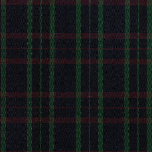 Tela escocesa de poliéster SchoolLine en verde, negro y rojo con franjas, ideal para uniformes escolares e institucionales.