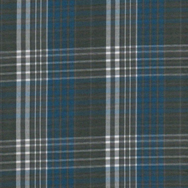 Tela escocesa de poliéster azul, gris y blanco; diseño tartán, ideal para uniformes escolares e institucionales.