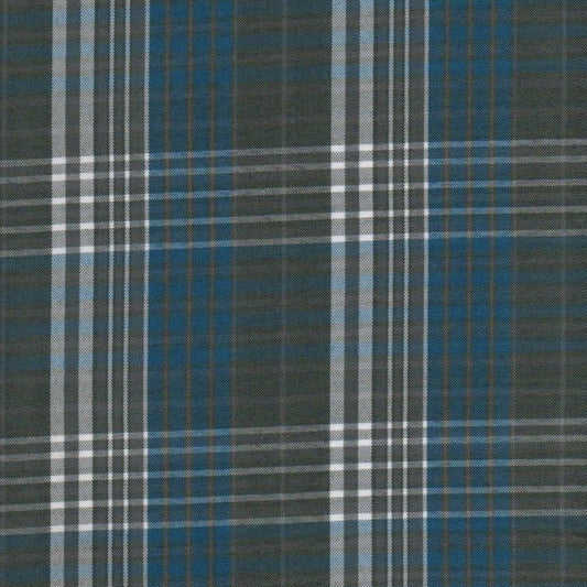 Tela escocesa de poliéster azul, gris y blanco; diseño tartán, ideal para uniformes escolares e institucionales.