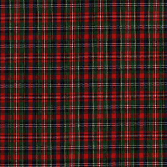 Tela escocesa de poliéster SchoolLine en tartán rojo, verde y azul con líneas blancas, ideal para uniformes escolares.