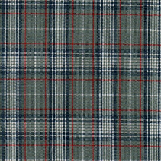 Tela escocesa de poliéster SchoolLine en cuadros gris, azul marino y rojo; ideal para uniformes escolares e institucionales.