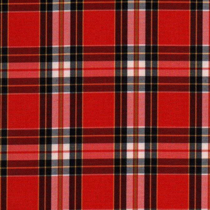 Tela escocesa de poliéster SchoolLine, rojo con cuadros negros, blancos y rosados; ideal para uniformes escolares e institucionales.