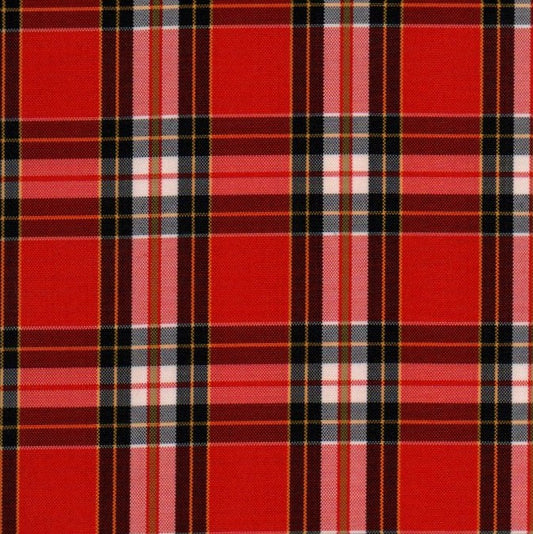 Tela escocesa de poliéster SchoolLine, rojo con cuadros negros, blancos y rosados; ideal para uniformes escolares e institucionales.