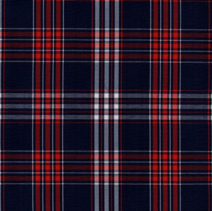 Tela escocesa de poliéster SchoolLine en tono azul marino con cuadros rojo y blanco para uniformes escolares