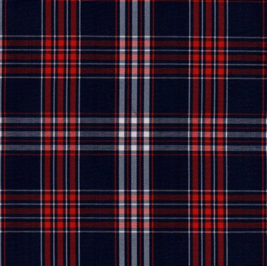 Tela escocesa de poliéster SchoolLine en tono azul marino con cuadros rojo y blanco para uniformes escolares