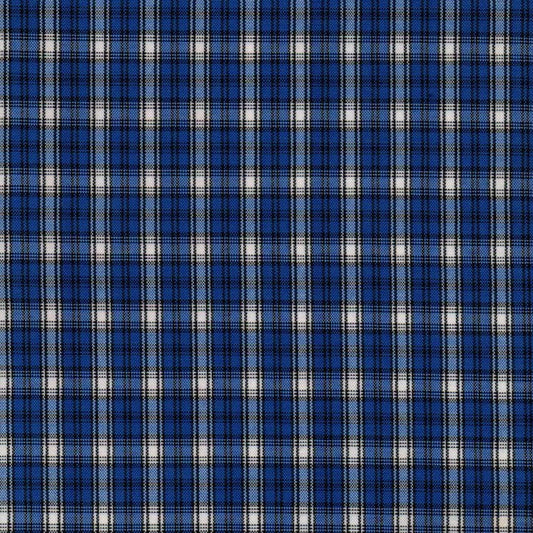 Tela escocesa de poliéster SchoolLine azul y negro con cuadros; ideal para uniformes escolares e institucionales.