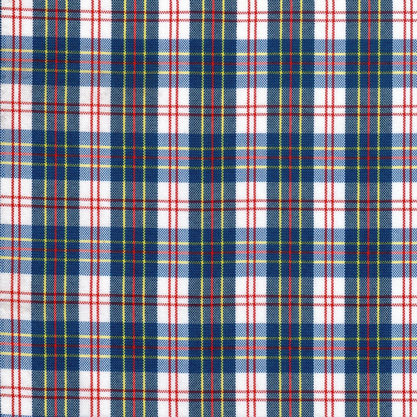 Tela escocesa de poliéster SchoolLine con cuadro azul, rojo y blanco y líneas amarillas; ideal para uniformes escolares.