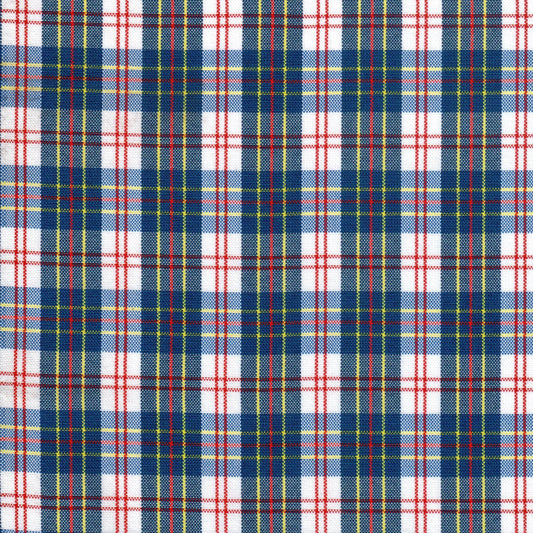 Tela escocesa de poliéster SchoolLine con cuadro azul, rojo y blanco y líneas amarillas; ideal para uniformes escolares.