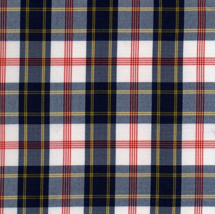 Tela escocesa de poliéster SchoolLine, cuadros azul/blanco/rojo, ideal para uniformes escolares e institucionales.